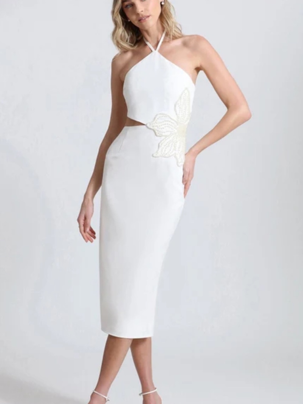 NWOT Avec Les Filles White Halter Midi Dress with Lace Cutout